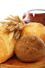 Image showing Bread, milk and wheat ears.