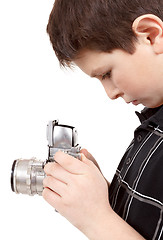 Image showing young boy with old vintage analog SLR camera