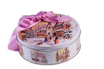 Image showing Gift: a beautiful box with the image of winter, decorated with a
