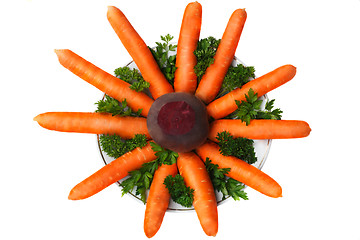 Image showing Carrots, beets, parsley on the plate on a white background.