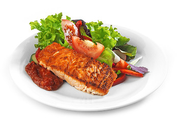 Image showing Grilled salmon fillet and vegetable salad