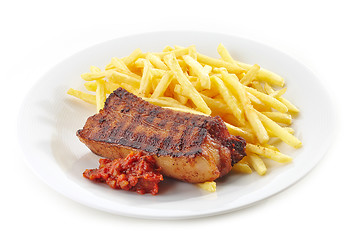 Image showing Grilled pork meat and french fries