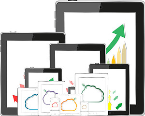 Image showing cloud computing concept with tablet PC downloading data and arrow chart