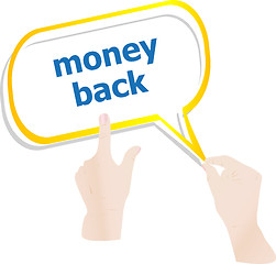 Image showing hands push word money back on speech bubbles