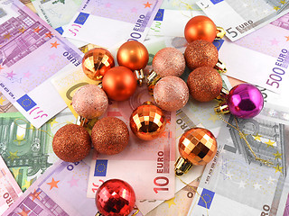 Image showing euro notes with christmas balls on it