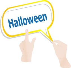 Image showing hands push word halloween on speech bubbles, holiday card