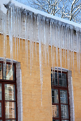 Image showing Snow-covered roof with big icicles in winter day