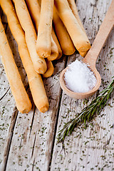 Image showing bread sticks grissini with rosemary and salt
