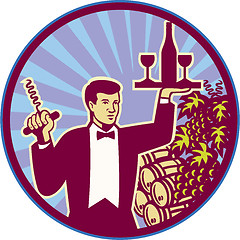Image showing Waiter Serving Wine Glass Bottle Retro