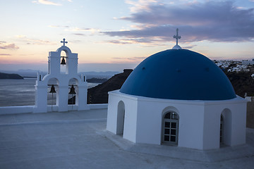 Image showing Sunset in Santorini church (Firostefani)