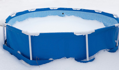 Image showing Abandoned swimming pool at winter, surrounded with snow