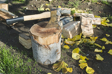 Image showing Ax chopping wood on chopping block