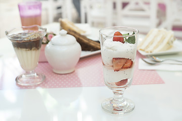 Image showing Cake and strawberry smoothie