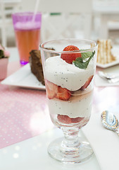 Image showing Cake and strawberry smoothie