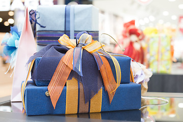 Image showing Blue Gift boxes in shopping center