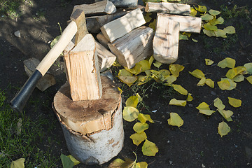 Image showing Ax chopping wood on chopping block