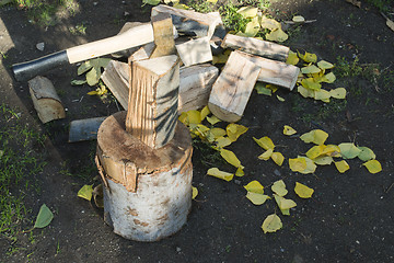 Image showing Ax chopping wood on chopping block