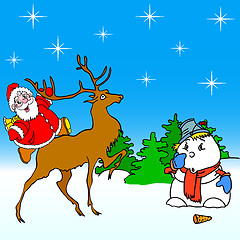 Image showing santa claus rides on deer and snowman