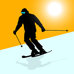 Image showing Mountain skier  speeding down slope. Vector sport silhouette.