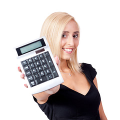 Image showing attractive smiling business woman with calculator isolated