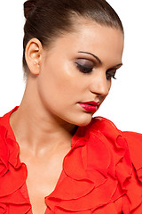 Image showing beautiful young woman with perfect skin and red lips makeup