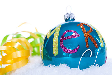 Image showing christmas decoration baubles in blue and turquoise isolated