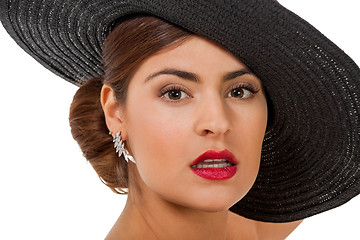 Image showing glamour woman with black hat and red lips