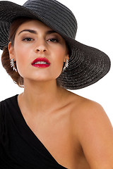 Image showing glamour woman with black hat and red lips