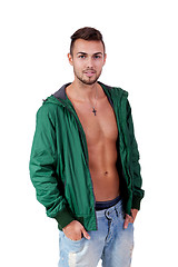 Image showing young adult man with green jacket portrait isolated