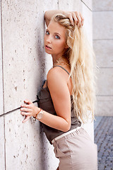 Image showing happy young blonde woman with hat outdoor summertime