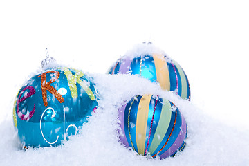Image showing christmas decoration baubles in blue and turquoise isolated