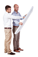 Image showing young adult businessman architect with blueprint 