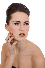 Image showing perfect beauty woman face with orange lips isolated