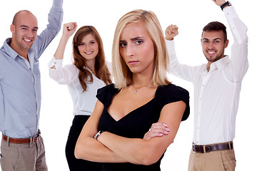 Image showing young businesswoman bullying mobbing by team isolated 