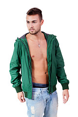 Image showing young adult man with green jacket portrait isolated