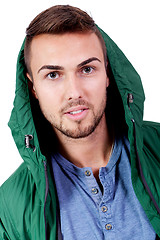 Image showing young adult man with green jacket portrait isolated