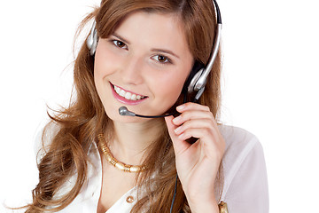 Image showing smiling business woman callcenter agent operator isolated portrait