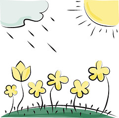 Image showing Vector flowers, sun and cloud. Imitation of children's drawings