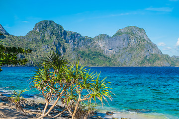 Image showing Scenic sea shore with mountains