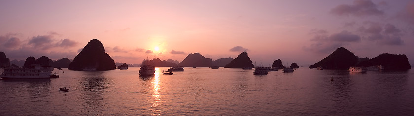 Image showing Purple sunset in Halong Bay, panorama