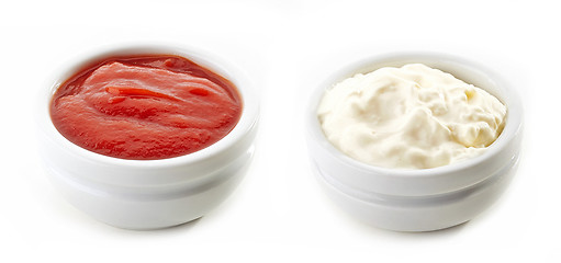 Image showing bowls of tomato ketchup and mayonnaise