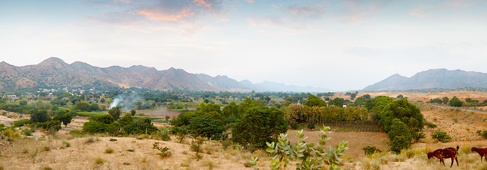 Image showing Indian nature. Panorama with mountains and goats