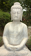 Image showing Ancient Buddha statue against green woods 