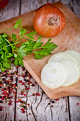 Image showing fresh onions, parsley and peppercorns