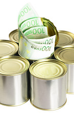 Image showing euro bills on a tin can