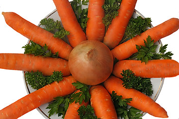 Image showing Carrot, onion and parsley on the plate on a white background.