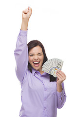 Image showing Mixed Race Woman Holding the New One Hundred Dollar Bills