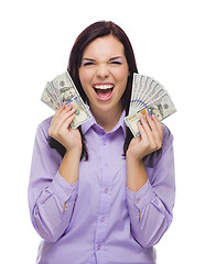 Image showing Mixed Race Woman Holding the New One Hundred Dollar Bills