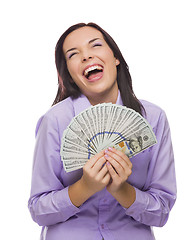 Image showing Mixed Race Woman Holding the New One Hundred Dollar Bills