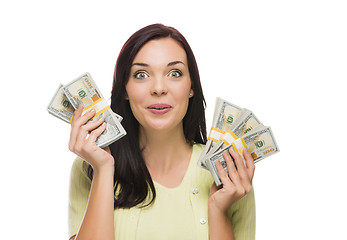 Image showing Mixed Race Woman Holding the New One Hundred Dollar Bills